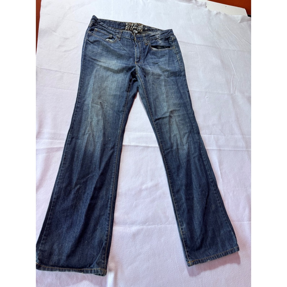 Kenneth Cole Reaction Mens Bootcut Jeans 32x32 Blue Dark Wash Distressed Hem